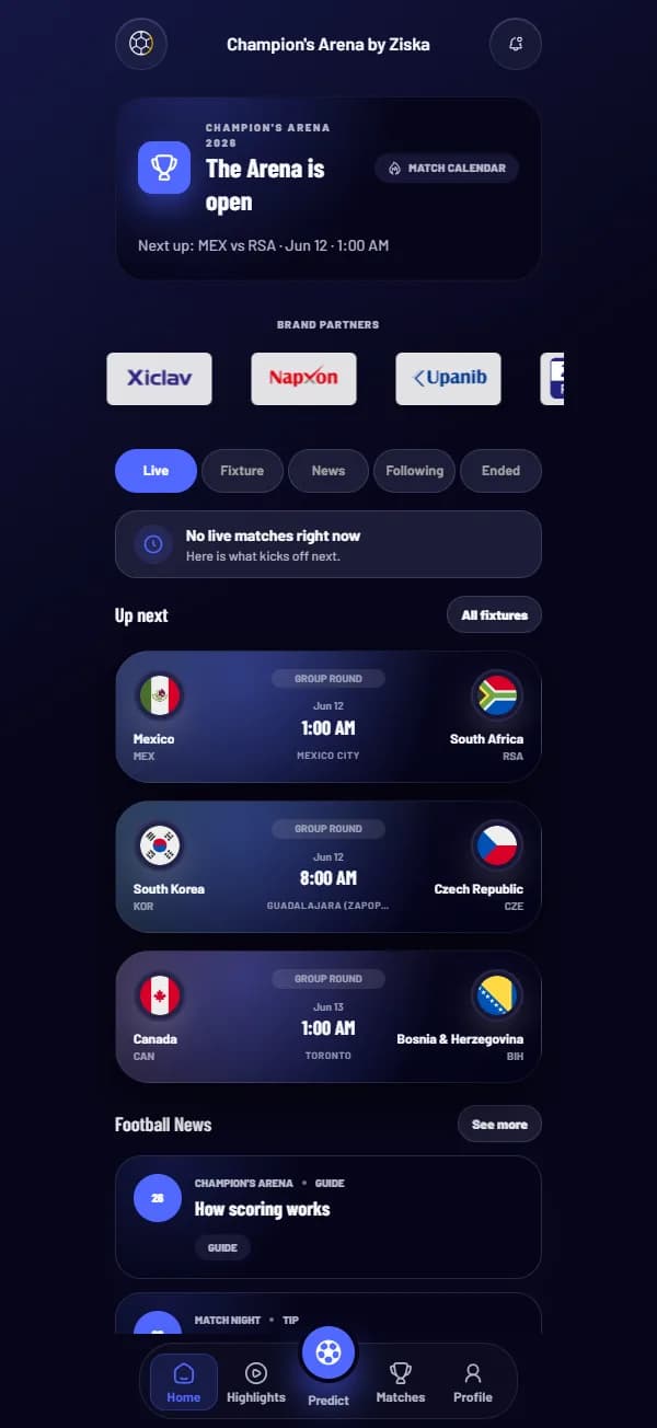 Champion's Arena home screen showing live match cards