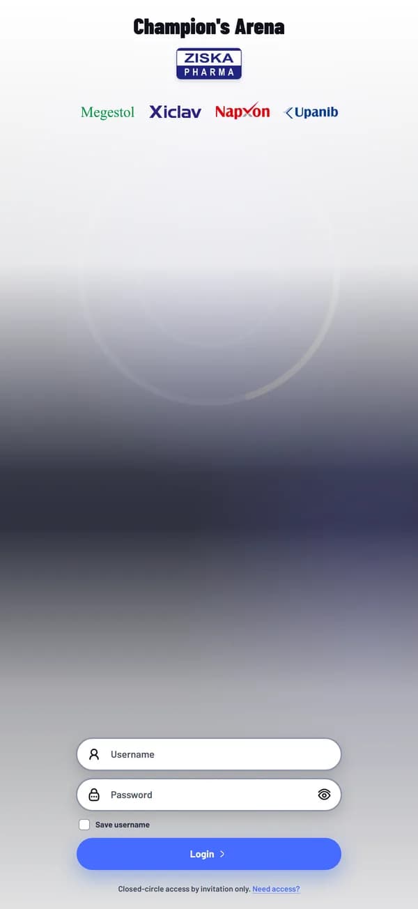 Champion's Arena login screen with Ziska and partner logos