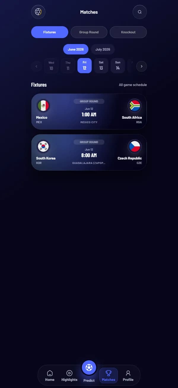 Champion's Arena fixtures screen
