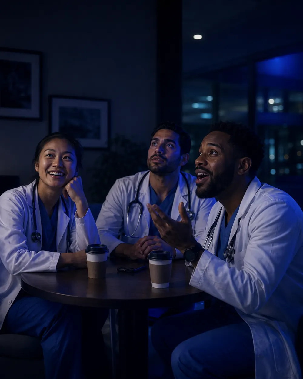 A group of doctors during a break, watching a match together
