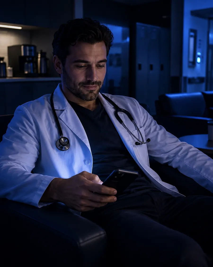 A doctor relaxing during a break, anticipating a match